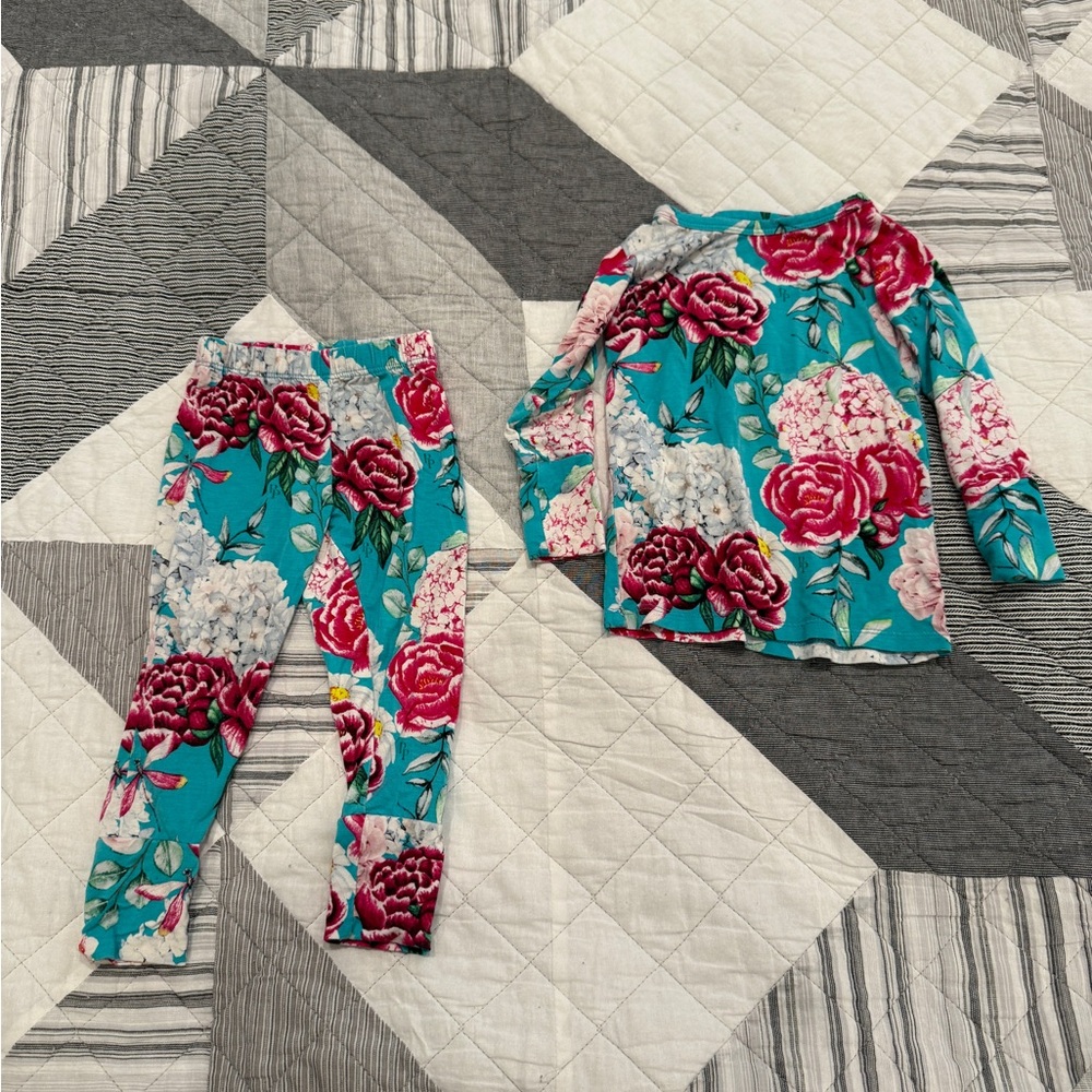 Posh Peanut Teal Floral Kids Pajama Set